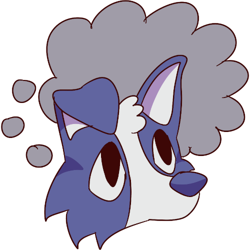 image of a blue dog looking up at a gray thought bubble